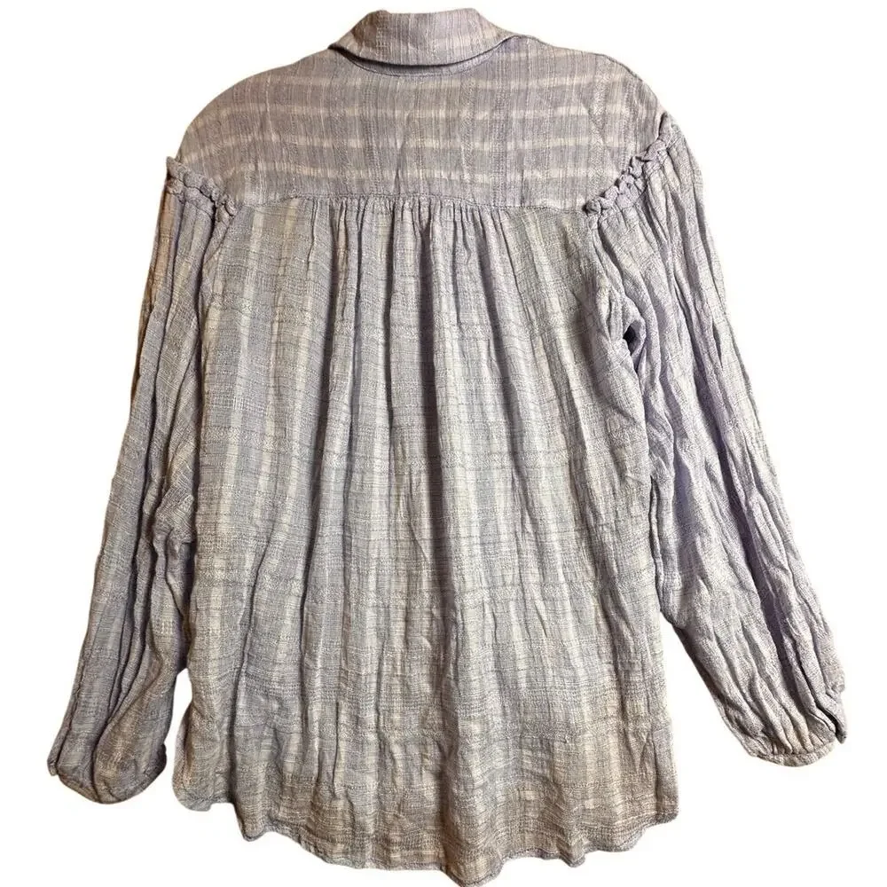 Free People Headed‎ To The Highlands Blue White Gauzy Shirt Womens Size XS Boho